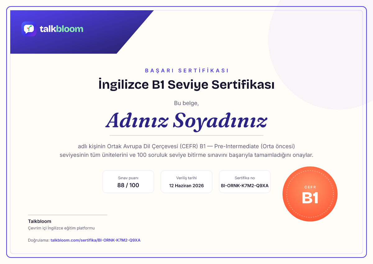 Örnek İngilizce B1 seviye sertifikası